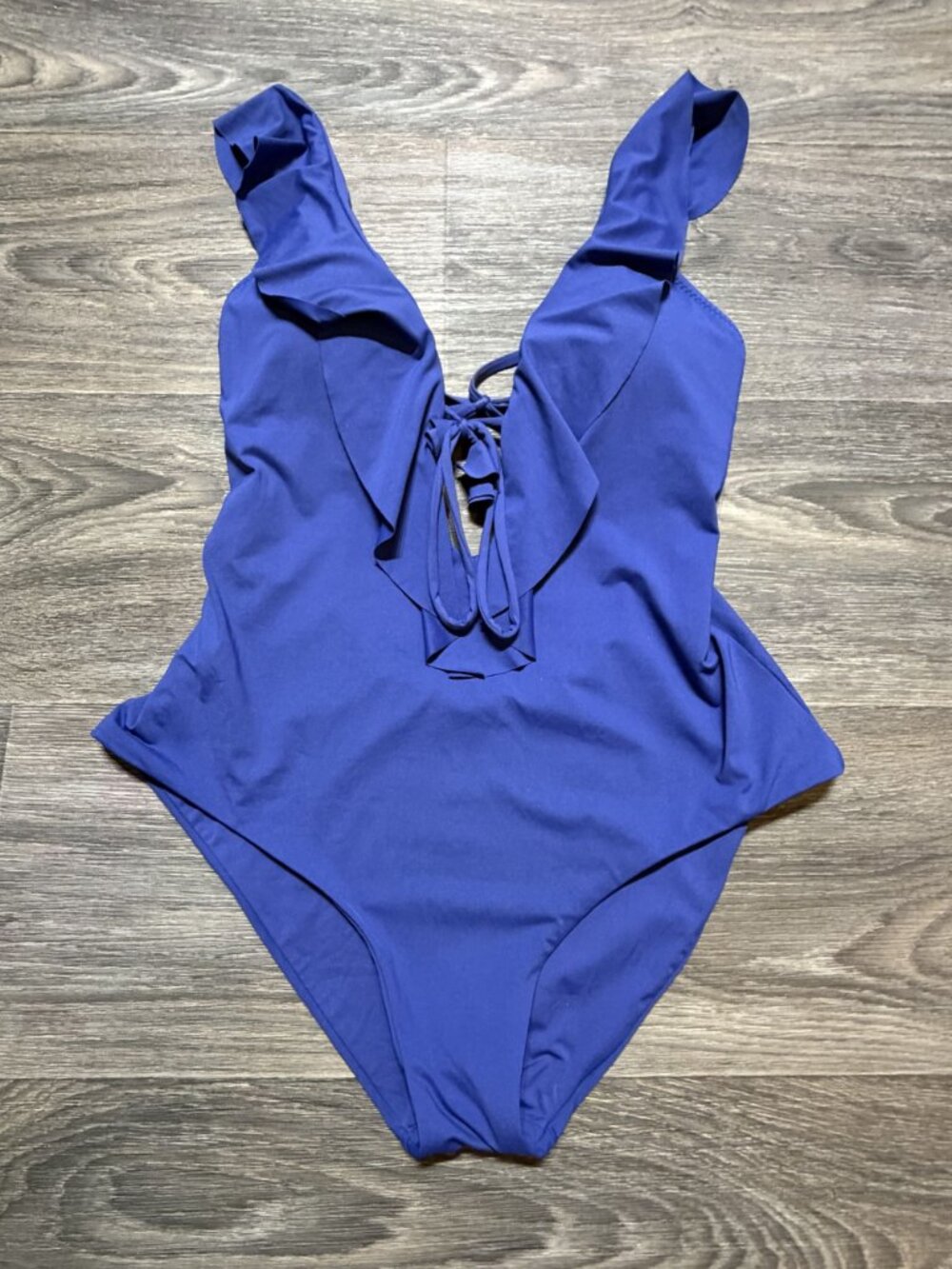 BECCA Blue Topaz Socialite Ruffle One Piece Swimsuit Large Open Back Boho Beach